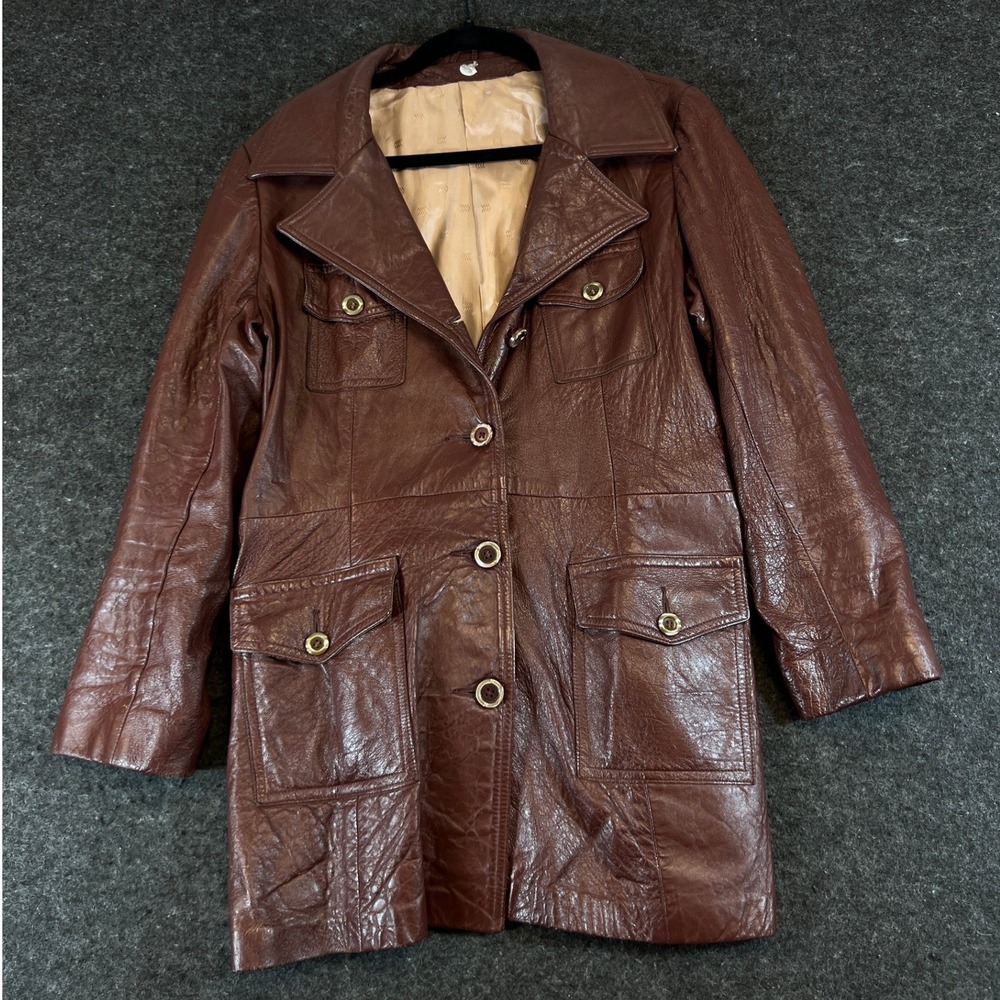 Vintage 70s Trench Coat Womens XL Brown Leather Belted Mid Length Utility Work